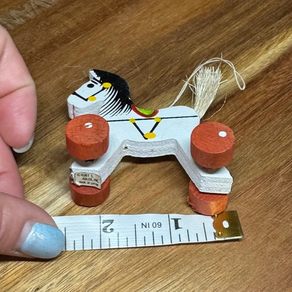 Vintage Kurt S Adler Wooden Horse Pull Toy Ornament Japan Painted White Orange